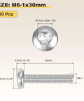 M6 30mm Pan Head Torx Security Screws 10 Pack Silver Fasteners showing dimensions and T30 fit for furniture and cabinets.