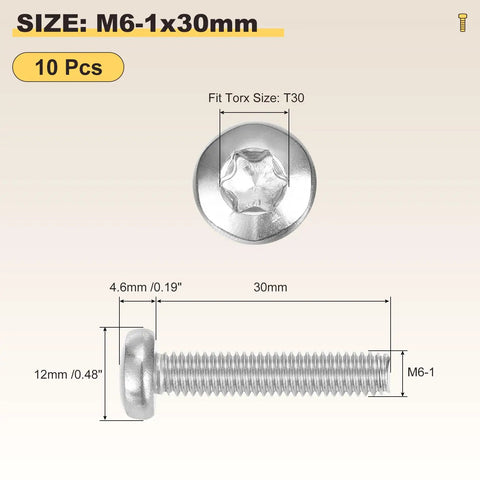 M6 30mm Pan Head Torx Security Screws 10 Pack Silver Fasteners showing dimensions and T30 fit for furniture and cabinets.