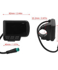 Dimensions of versatile LCD display panel for electric bikes and scooters with USB interface, 22.2mm handlebar mount.