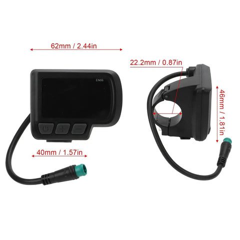 Dimensions of versatile LCD display panel for electric bikes and scooters with USB interface, 22.2mm handlebar mount.
