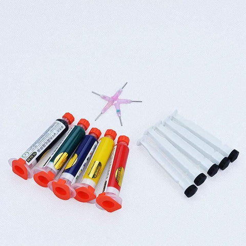 Must Have Pro Grade Five Color UV Curable Solder Kit With Five Needles And Five Plastic Tube Pistons For PCB Protection