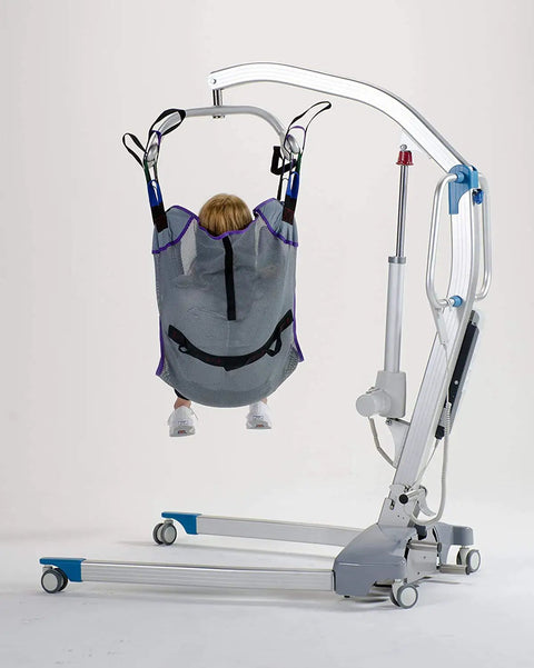 The Ultimate Patient Aid Full Body Mesh Sling For Safe And Effortless Bed To Wheelchair Transfers With Reinforced Straps in use on lift.