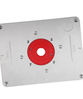 Premium Aluminum Router Table Insert Plate With Easy Adjust Flip Top Design For Woodworking Benches, featuring red center.