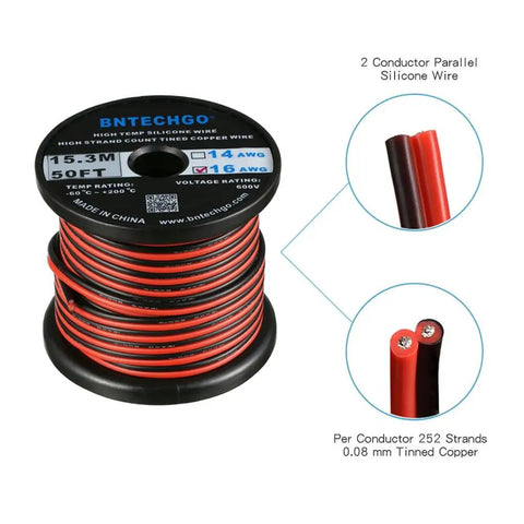 16 Gauge Flexible 2 Conductor Silicone Wire Red Black Spool 50 Ft High Temp 200C 600V Tinned Copper For LED Strip Extension Cable And DIY Projects