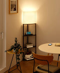 Space Saving 4 Tier Corner Shelf Floor Lamp with USB Type C Port 1 Power Outlet and 3CCT LED Bulbs in living room corner