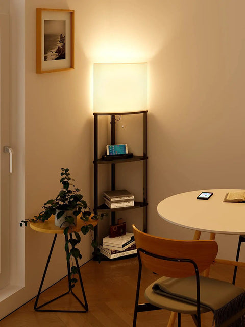 Space Saving 4 Tier Corner Shelf Floor Lamp with USB Type C Port 1 Power Outlet and 3CCT LED Bulbs in living room corner
