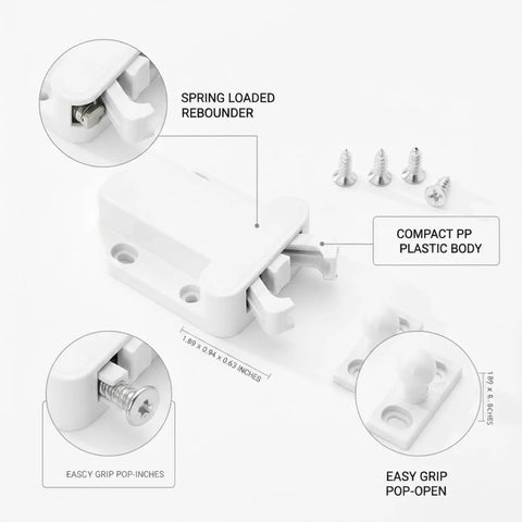 Push To Open Cabinet Touch Latch Spring Rebounder For No Touch Handleless Kitchen And Wardrobe Doors White PP Plastic