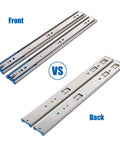 Front and back view of Five Pairs 16 Inch Soft Close Drawer Slides Heavy Duty With Full Extension Three Section Ball Bearing Rails For Side Mount Cabinets 110 Lb Capacity Rust Resistant Cold Rolled Steel Screws Included Brackets Not Included.