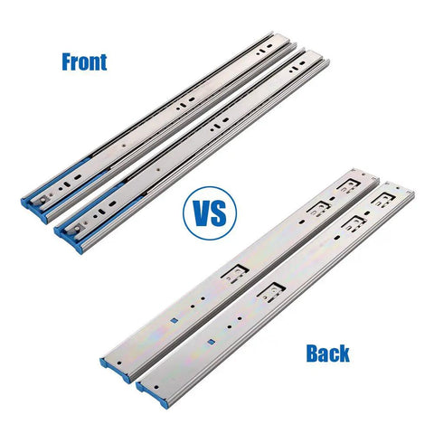 Front and back view of Ten Pairs 20 Inch Soft Close Drawer Slides With Three Section Full Extension And 110 Lb Capacity Ball Bearing Heavy Duty Cabinet Slow Close Side Mount Hardware Screws Included.