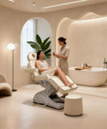 Woman receiving facial treatment on Qnoxlim Full Electric Massage Table With Lift, Whole Piece 3 Motor Professional Facial Bed White.