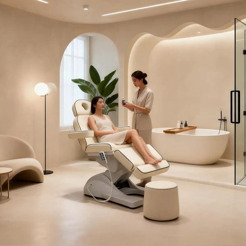Woman receiving facial treatment on Qnoxlim Full Electric Massage Table With Lift, Whole Piece 3 Motor Professional Facial Bed White.