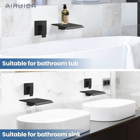 Wall Mount Tub Filler Faucet With Waterfall Spout High Flow Single Handle Brass Rough In Valve Slick Matte Black Finish Sleek Modern Tap For Wall Mounted Bathroom Sink And Tub in bathroom setting.