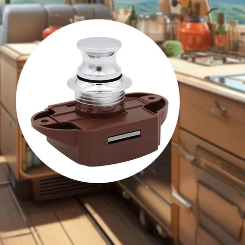 RV Push Button Latch Lock for Cabinet Drawer Door 26mm, 14-22mm panels, brown with chrome top, in camper kitchen background