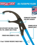Adjustable Oil Filter Pliers 15 Inch With Six Position Slip Joint Diameter From Two And One Half To Five And One Half Inches Blue Grips High Carbon Drop Forged Steel Heavy Duty Auto And Truck Maintenance Tool showing blue grips and features.