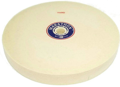 Top Shelf Heavy Duty Carbonized Wool Buffing Wheel Eight Inch Diameter One Inch Thick Five Eighths Inch Arbor Mount Pro Grade Kit on white background.