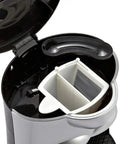 Close-up of the filter compartment of a Bean To Cup Automatic Coffee Maker For Home Or Office, Drip Coffee Machine Brews Up To Five Cups.