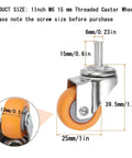 Heavy Duty Swivel Casters With Threaded Stem Mounts And Reinforced Brackets showing 1 inch nylon wheel dimensions and metal stem.