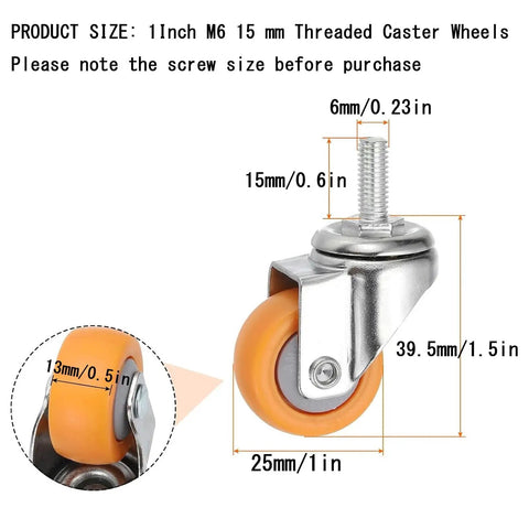 Heavy Duty Swivel Casters With Threaded Stem Mounts And Reinforced Brackets showing 1 inch nylon wheel dimensions and metal stem.