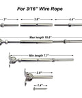 Stainless Steel Cable Railing Hardware Kit For Three Sixteenth Inch Cable Railing System For Wood Posts Adjustable Angle Swage Turnbuckle Kit 10 Pairs Marine Grade 316 Rust Resistant For Deck Railing showing turnbuckle dimensions.