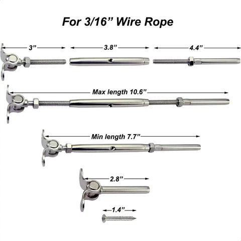 Stainless Steel Cable Railing Hardware Kit For Three Sixteenth Inch Cable Railing System For Wood Posts Adjustable Angle Swage Turnbuckle Kit 10 Pairs Marine Grade 316 Rust Resistant For Deck Railing showing turnbuckle dimensions.