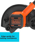 Close-up of 20V Max Cordless Lawn Edger Kit with edge guide, 7.5-inch double-edge blade, and BLACK+DECKER branding visible.