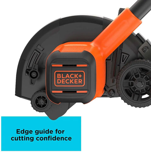 Close-up of 20V Max Cordless Lawn Edger Kit with edge guide, 7.5-inch double-edge blade, and BLACK+DECKER branding visible.