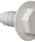 Straight Up Solid Hex Washer Head Self Drilling Screws 100 Piece Kit For Metal Wood And Fiberglass Assembly With Sharp Drill Points close-up of a white zinc coated screw.