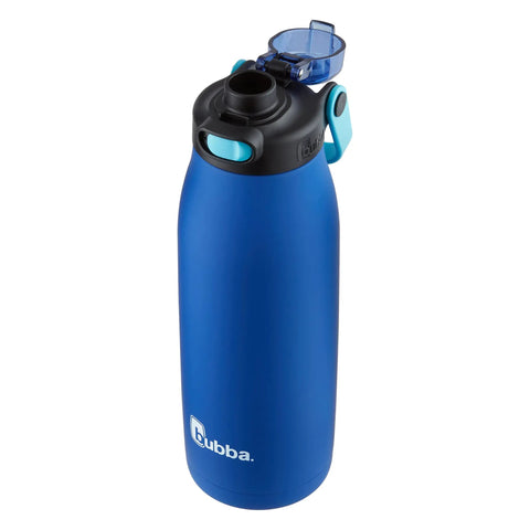 32 Oz Cobalt Rubberized Stainless Steel Water Bottle With Push Button Chug Lid Leakproof Seal Vacuum Insulated Keeps Drinks Cold Up To 12 Hours No Sweat Double Wall Construction For Easy Hydration On The Go.