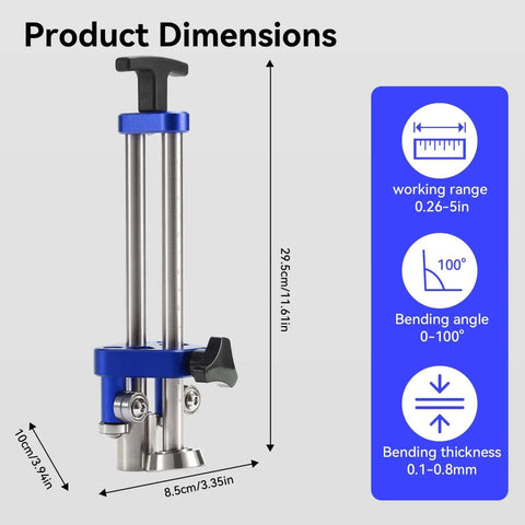 Pro Grade 1 Station Sheet Metal Roller Bender dimensions with 29.5cm height, working range 0.26-5in, bend angle 0-100°, thickness 0.1-0.8mm
