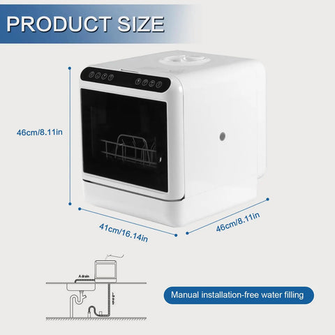 Portable Countertop Dishwasher High Temp Wash And Air Dry Dual Spray Arm Tight Apartment Fix For Renters showing dimensions and design.