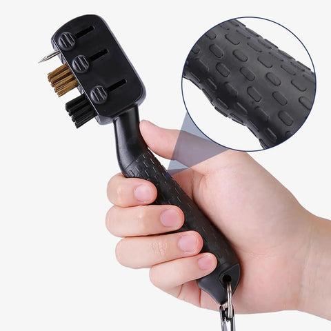 3-In-1 Golf Club Cleaner Brush Set With Retractable Head And Zip Line, showing nylon and brass bristles with anti-slip grip