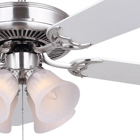 St James 52 Inch Ceiling Fan With Five Blades And Four Bulb Light Kit In Brushed Nickel With Alabaster Glass White Reversible Blades