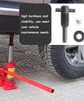 Tough As Nails 6 Piece Hydraulic Jack Parts Set With Kickass Oil Release Valve And Screw Plus Vertical Jack Oil Seal For Straight Up Vehicle Repairs Under 20 Tons Capacity displayed with jack and valve components.
