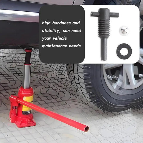 Tough As Nails 6 Piece Hydraulic Jack Parts Set With Kickass Oil Release Valve And Screw Plus Vertical Jack Oil Seal For Straight Up Vehicle Repairs Under 20 Tons Capacity displayed with jack and valve components.