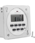 Front view of 12/24 Volt DC Timer Switch with 7-Day 24-Hour Programmable Time Relay Clock for panel mount