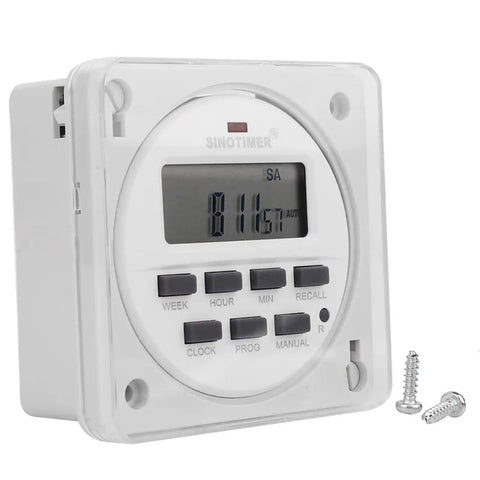 Front view of 12/24 Volt DC Timer Switch with 7-Day 24-Hour Programmable Time Relay Clock for panel mount