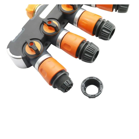 Four Way Garden Hose Splitter Valve Kit For Easy No Fuss Irrigation Setup, 16Mm Hose Fittings, Durable Orange Tap Adapter, All In One Four Way Water Connector For Lawn, Plants, And Landscaping, orange four-outlet hose splitter with 16mm fittings