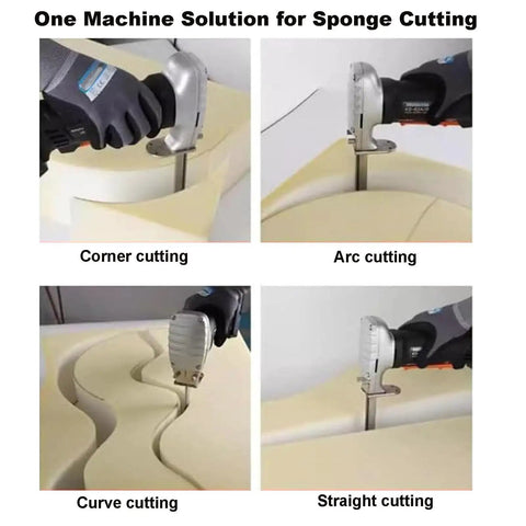 Dual Blade Foam Cutter With Hardened Alloy Blades, 3000 RPM For Fast Clean Cuts, showing corner, arc, curve, and straight cutting