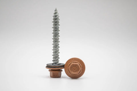 Tough As Nails Copper Penny Metal Roofing Screws One Point Five Inch showing screw and washer for wood installation.