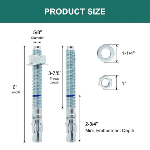 Diagram showing Five Eighth Inch Concrete Anchor Bolts, Six Inch Length, Ten Pack, with dimensions and zinc plated finish.