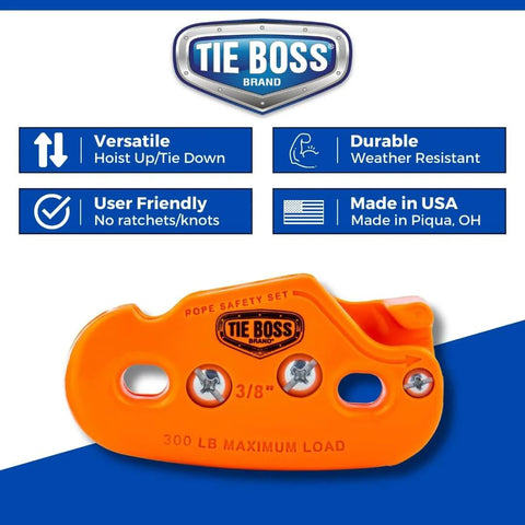 Self Locking Block and Tackle Hoist System With 35 Ft Polypropylene Rope, 300 Lb Capacity featuring orange jam-cleat unit