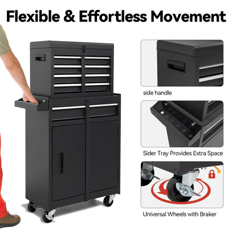 5 Drawer Rolling Tool Chest With High Capacity Adjustable Shelf Lockable Drawers Detachable 2 In 1 Mechanic Tool Box Storage Cabinet On Wheels For Garage Workshop Warehouse And Repair Shop with side handle and universal wheels