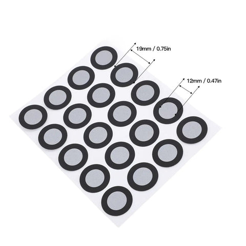 200 Pcs 3D Scanning Markers 12mm Inner Diameter, 19mm Outer Diameter, High Reflectivity Waterproof Dots For Motion Capture And Gait Analysis, Precise 3D Positioning Targets With Reflective Technology, shown on a sheet with 19mm and 12mm labels