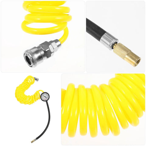 Top Tier Yellow PU Coil Air Hose With Quick Lock Connector For Air Compressor And Pneumatic Tools, 5m durable coil with connectors.