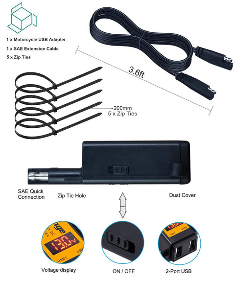 Motorcycle USB Charger With Dual USB Ports 4.8 Amp Output SAE To USB Adapter With Built In Voltmeter And Ammeter Quick Disconnect Plug On Off Power Switch Perfect For Charging Smartphones GPS Action Cameras On The Road