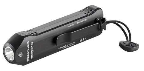 Wedge XT 500 Lumen EDC Flashlight With 1900 Candela Beam, Black, with USB C port, clip, and pocket lanyard attached.