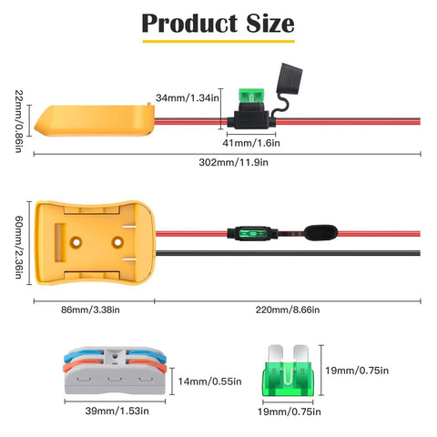 Product size details of 2 Pack Power Wheel Battery Adapter Kit For 20V RC Cars And Trucks With Fuses 12AWG Wire Terminals.