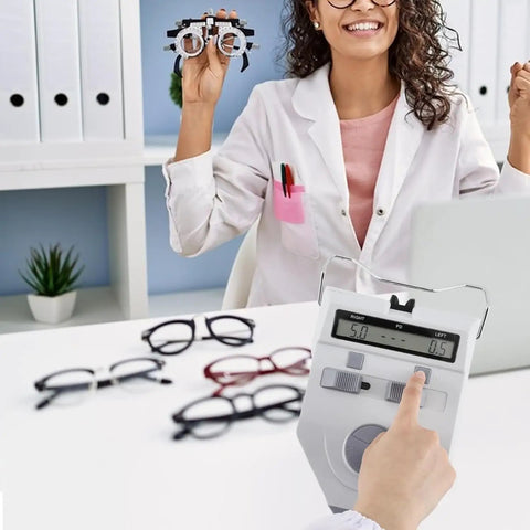 Next-Level Pupillometer With Adjustable Nose Pad And Brightness Control Pro-Grade Pupil Distance Meter held in hand during eye exam