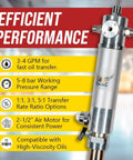 Close-up of air operated oil pump with efficient performance features for 55 gallon drums, compatible with high-viscosity oils.