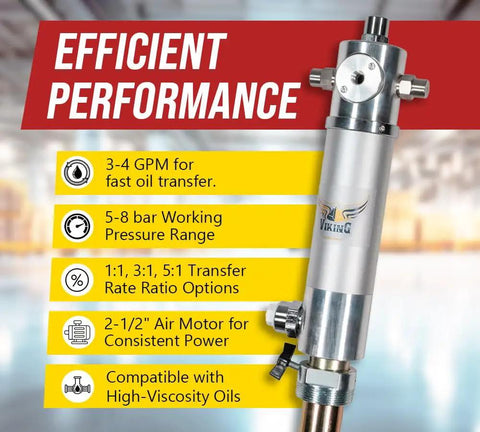 Close-up of air operated oil pump with efficient performance features for 55 gallon drums, compatible with high-viscosity oils.